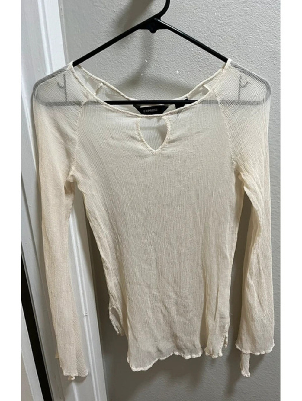 Express 100% Silk Semi Sheer Long Sleeve OffWhite Top Boho M